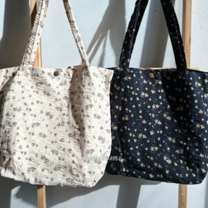 Floral Delight Tote Bag | Elegant Black & Beige Design with Purple Blooms | Perfect for Work School Everyday Chic | Gift for Her｜Spring Gift