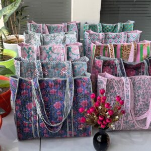 Block Printed Tote Bag, Quilted Hand Luggage Bag, Eco Friendly Sustainable Sturdy Grocery Shopping Tote Bag, Boho Overnight Beach Tote Bags